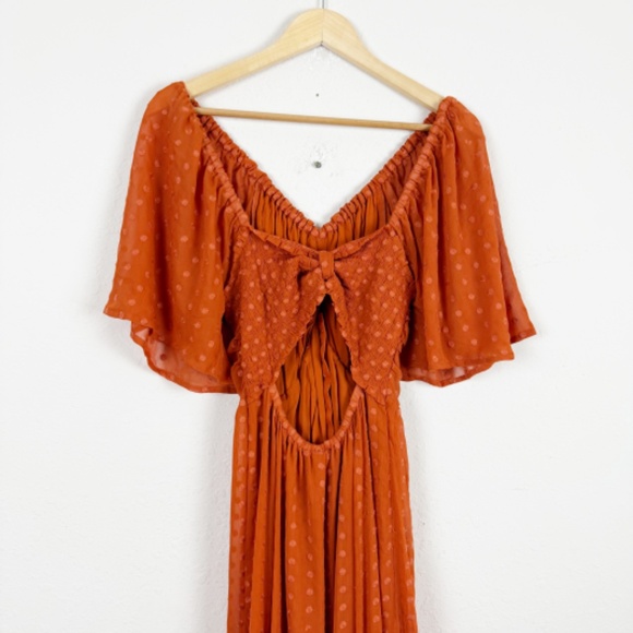 Anthropologie Ruched Orange Tiered Open Back Dress Size Medium - Picture 5 of 8